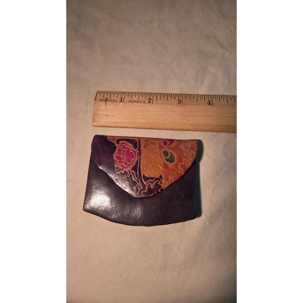 Vintage Shantiniketan leather coin purse Hand Painted Floral Boho Wallet India